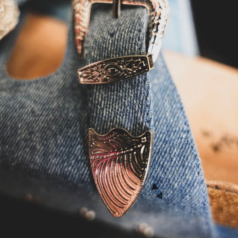 Platinum Buckle Platform Denim Sandals