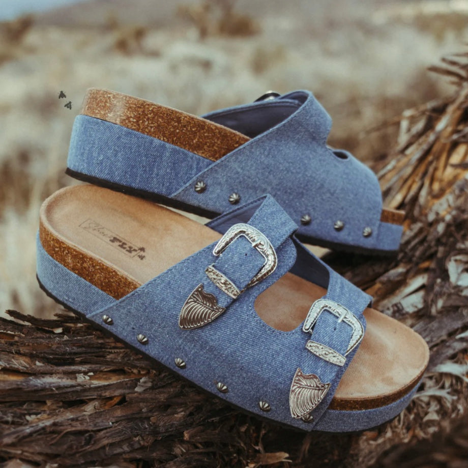 Platinum Buckle Platform Denim Sandals